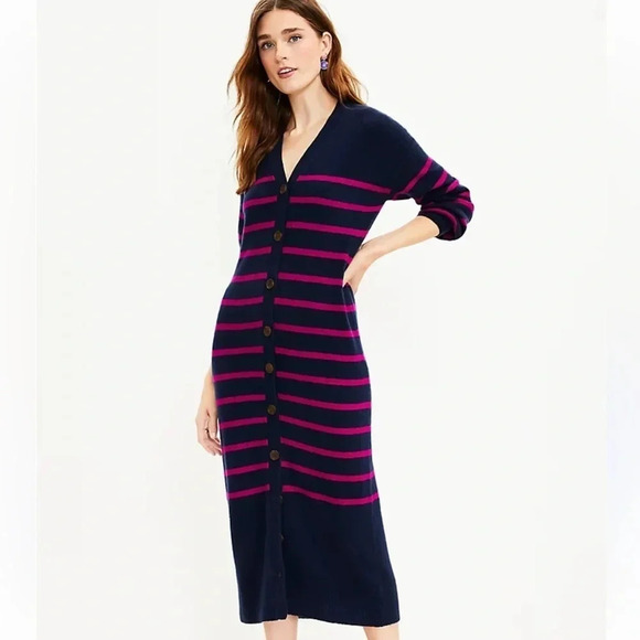 NEW ANN TAYLOR LOFT NAVY BLUE PINK STRIPED LONGLINE CARDIGAN SWEATER MIDI DRESS - Picture 1 of 15